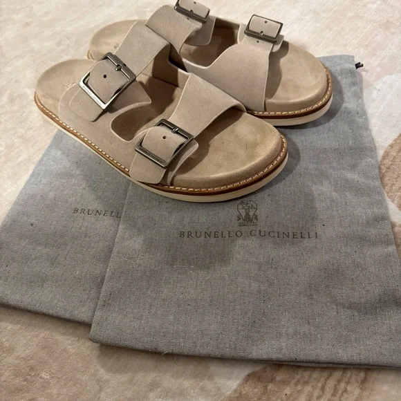 Brunello Cucinelli Taupe Double Buckle Sandals - Picture 6 of 6